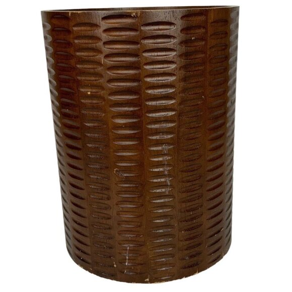 Textured Wooden Waste Basket Echo African Queen Brown Cylinder Trash Can - Picture 4 of 7